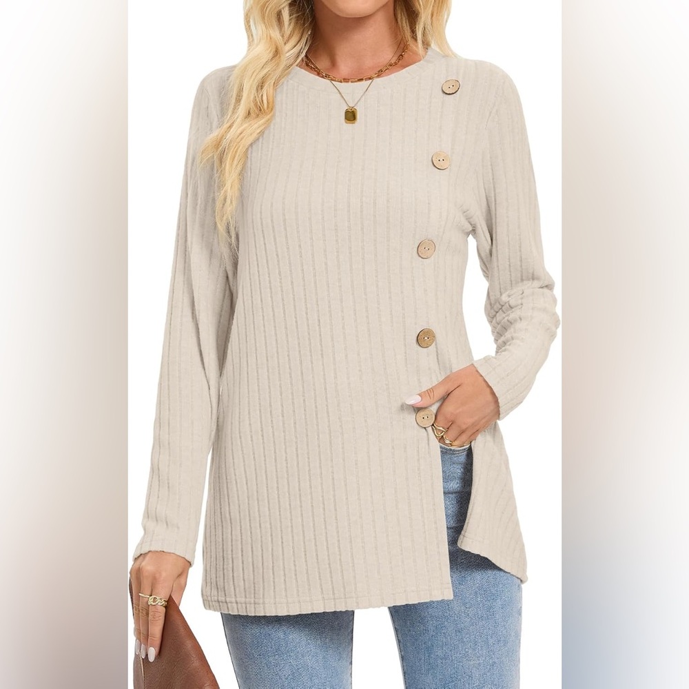 Ribbed Knit Side Button Long Sleeve Top Beige XL